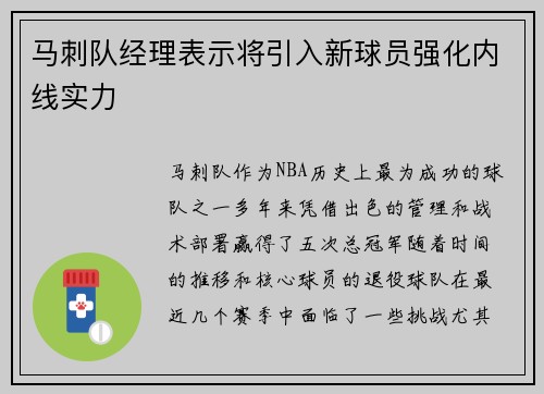 马刺队经理表示将引入新球员强化内线实力